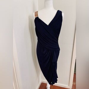 Betsy & Adam Navy Ruched One Shoulder Draped Cocktail Dress Metallic Strap Sz 12